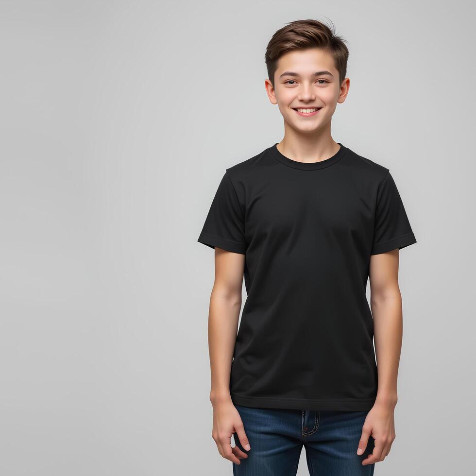photo of a boy about 10 years old, who is standing facing forward, wearing a plain black t-shirt in a casual pose