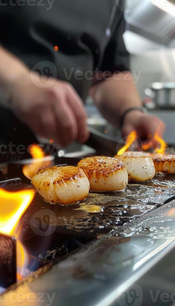 Mastering Scallop Searing Skills. Professional Chef's Guide for Home Cooks in a High-End Kitchen photo