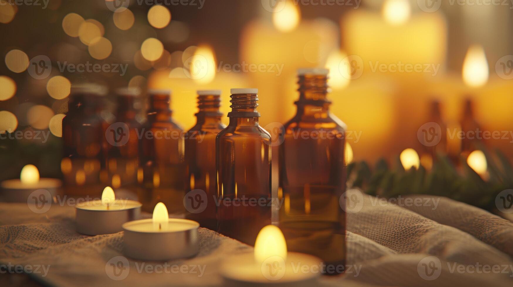 Aromatherapy Essential Oils with Soft Lit Candles Relaxing, Calming Spa Setting for Well-being photo