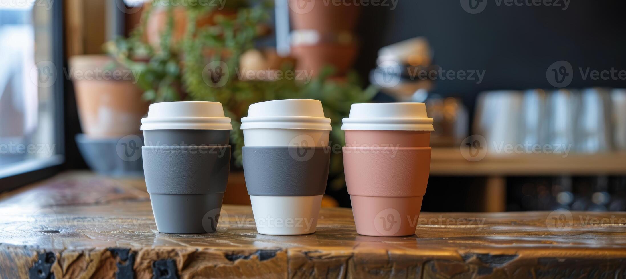 Eco-Friendly Coffee Culture. Modern Cafe Promoting Reusable Cups for Sustainable Practices photo
