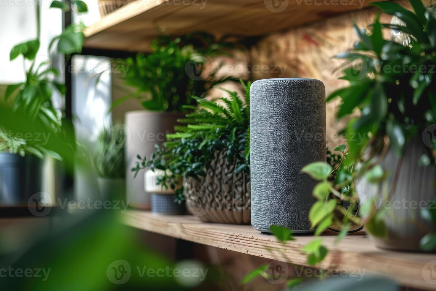 Smart Home Speaker with Fabric Finish on Wooden Shelf with Decorative Plants for Modern Interiors photo