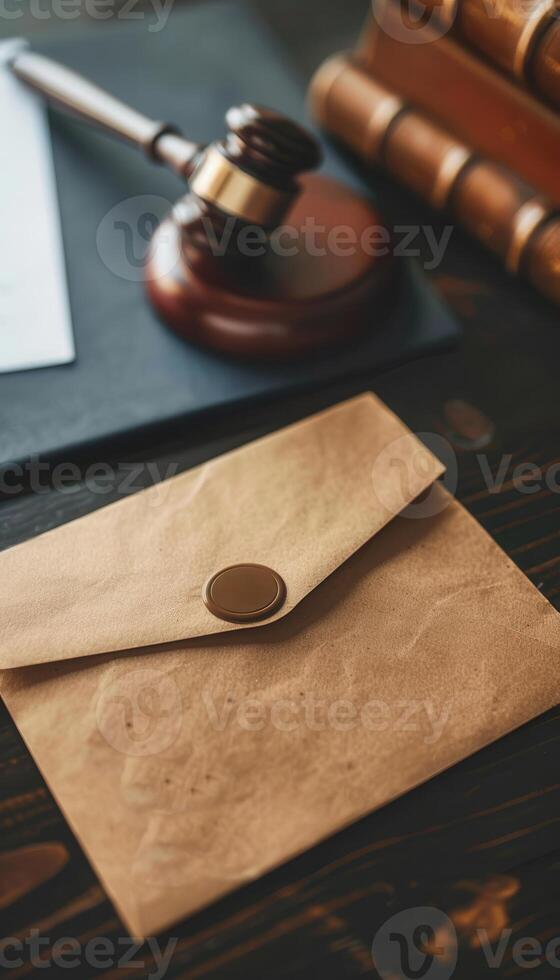 Legal Document Enclosed with Security Seal on Lawyers Desk for Professional Use photo