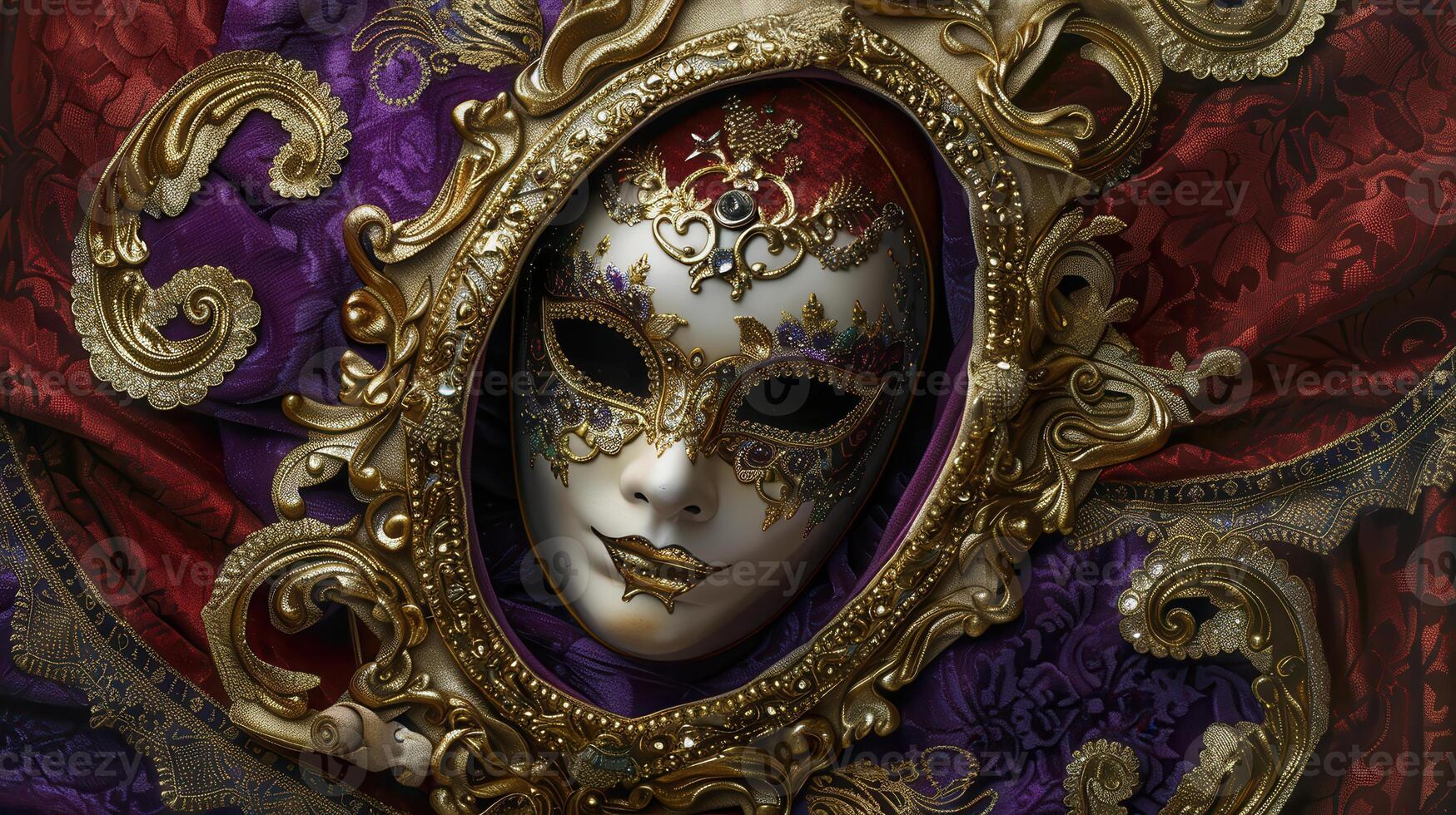 Luxurious Venetian Mask with Ornate Gold Embroidery in Rich Red and Purple Velvet Frame Design photo