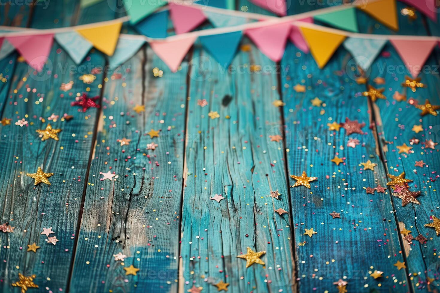 Festive Rustic Table with Glitter Stars and Colorful Flags for Holiday Celebrations photo