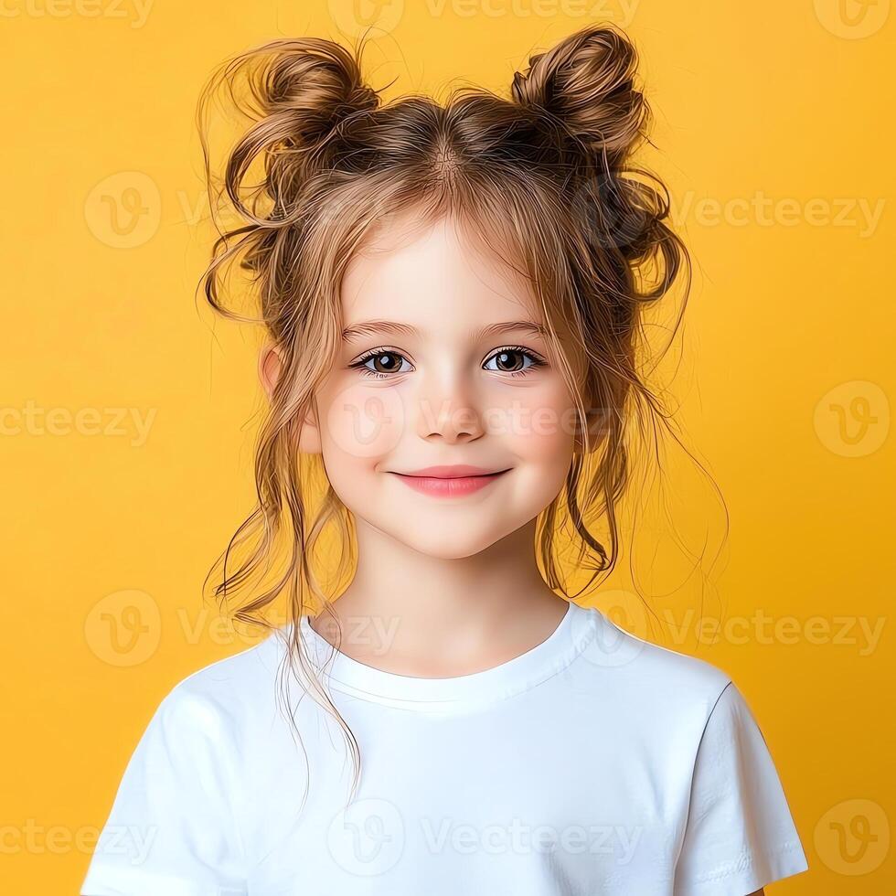 Cute young girl with playful hairstyle smiling against a vibrant yellow background, wearing a simple white t-shirt. Captures innocence and joy in a lively portrait setting. photo