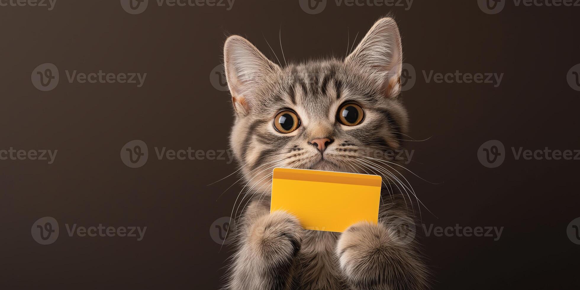 Cute tabby kitten holding a small yellow card with its paws photo