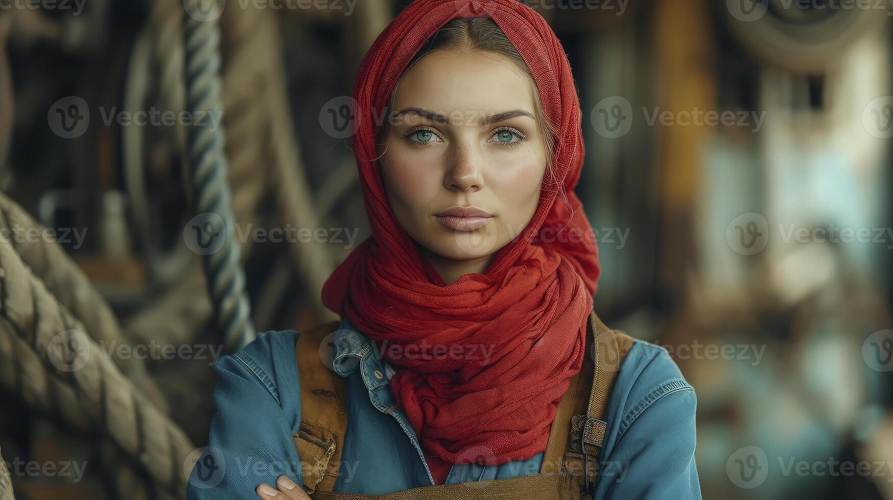 A woman in a red headscarf standing in front of a rope photo