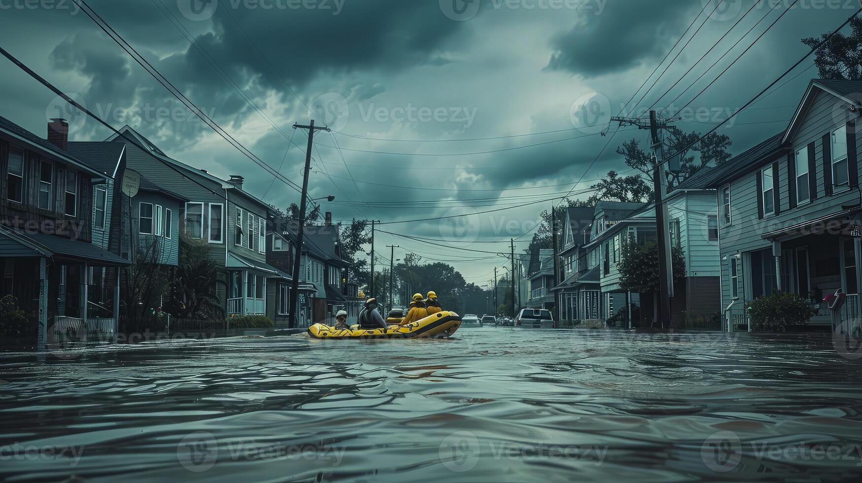 A man in a boat on a flooded street photo