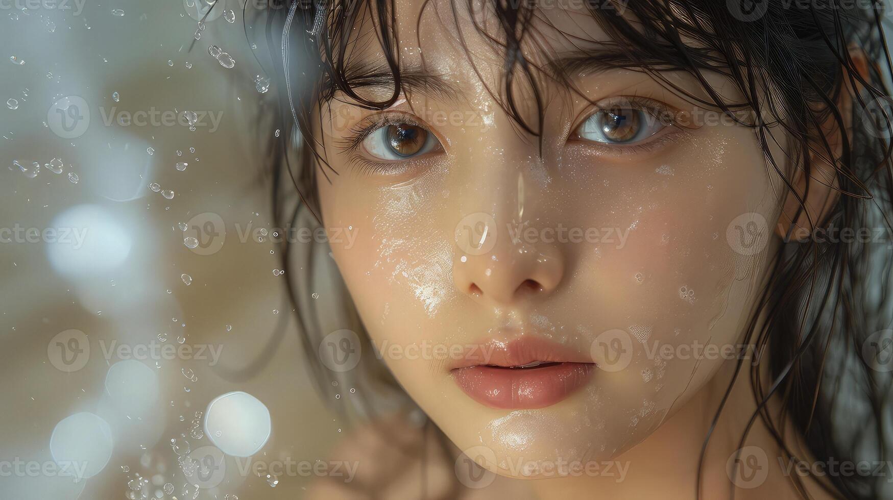A woman with wet hair and a face covered in water photo
