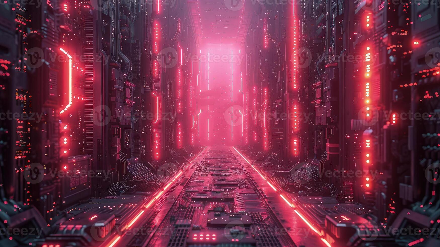 A futuristic hallway with red lights photo