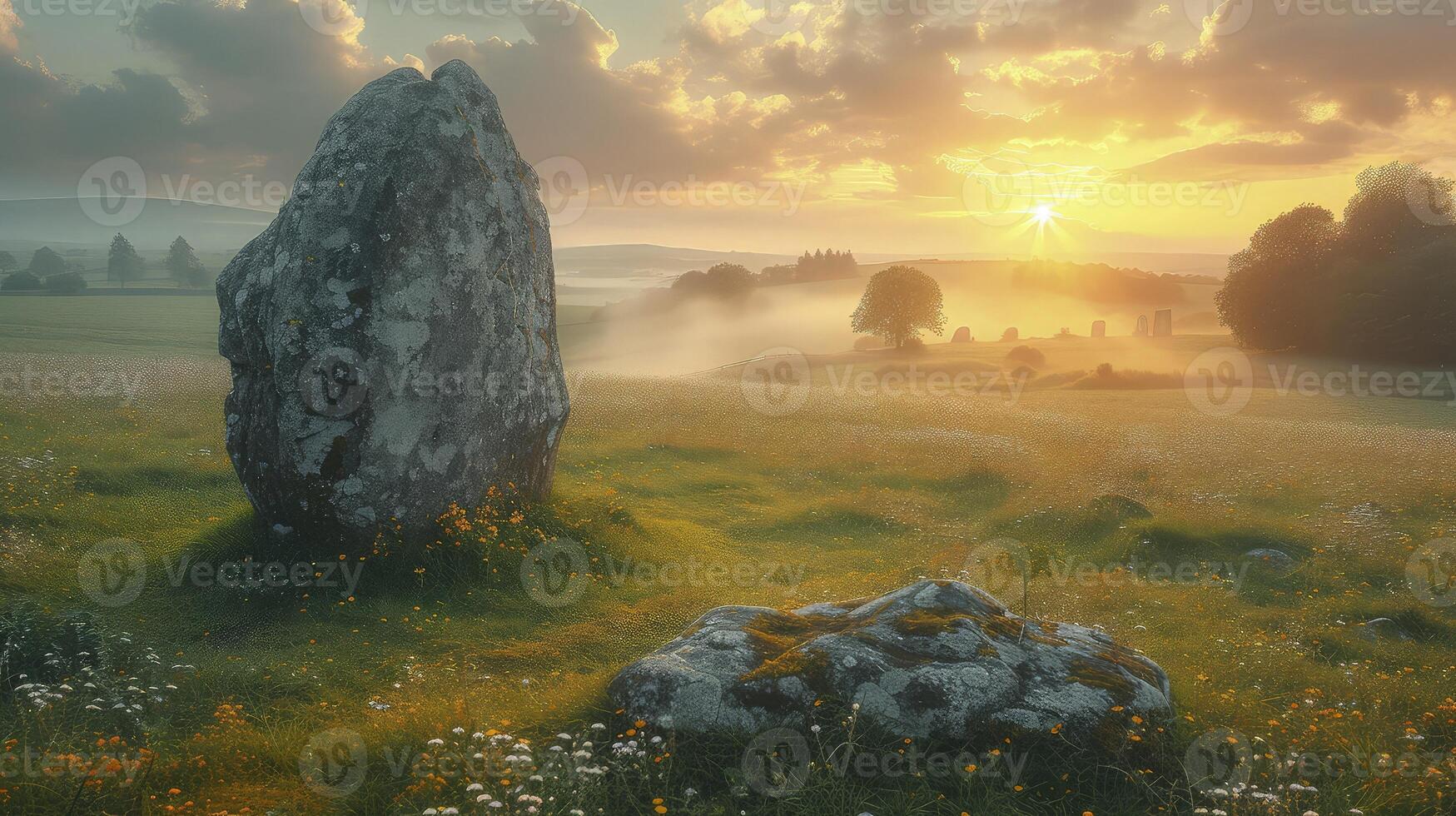 A stone in a field with a beautiful sunset photo