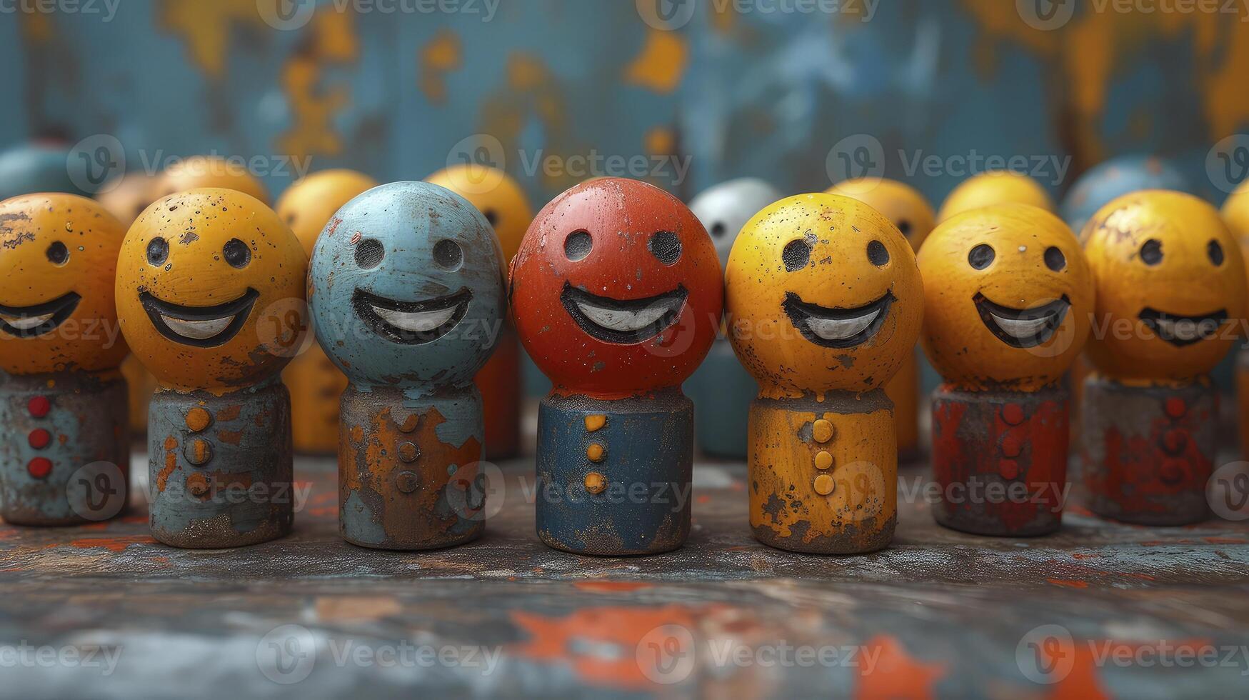 A row of colorful wooden figurines with smiling faces photo