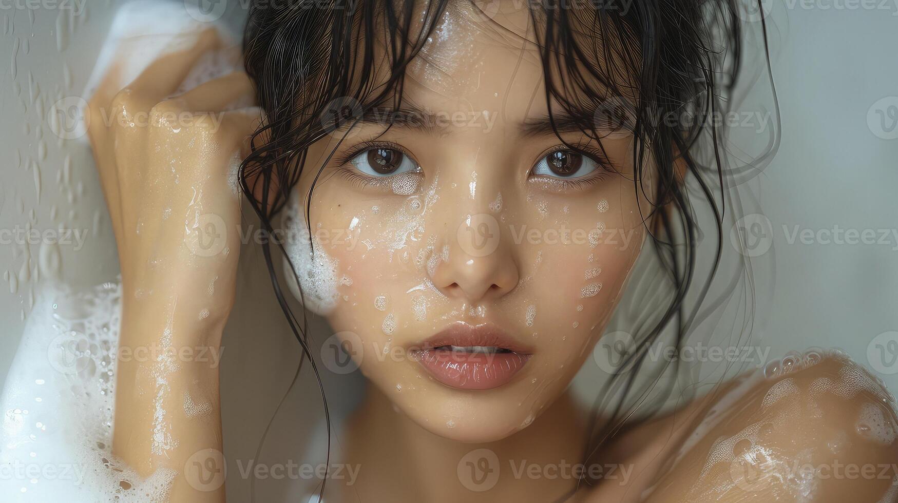 A woman with a lot of soap on her face photo
