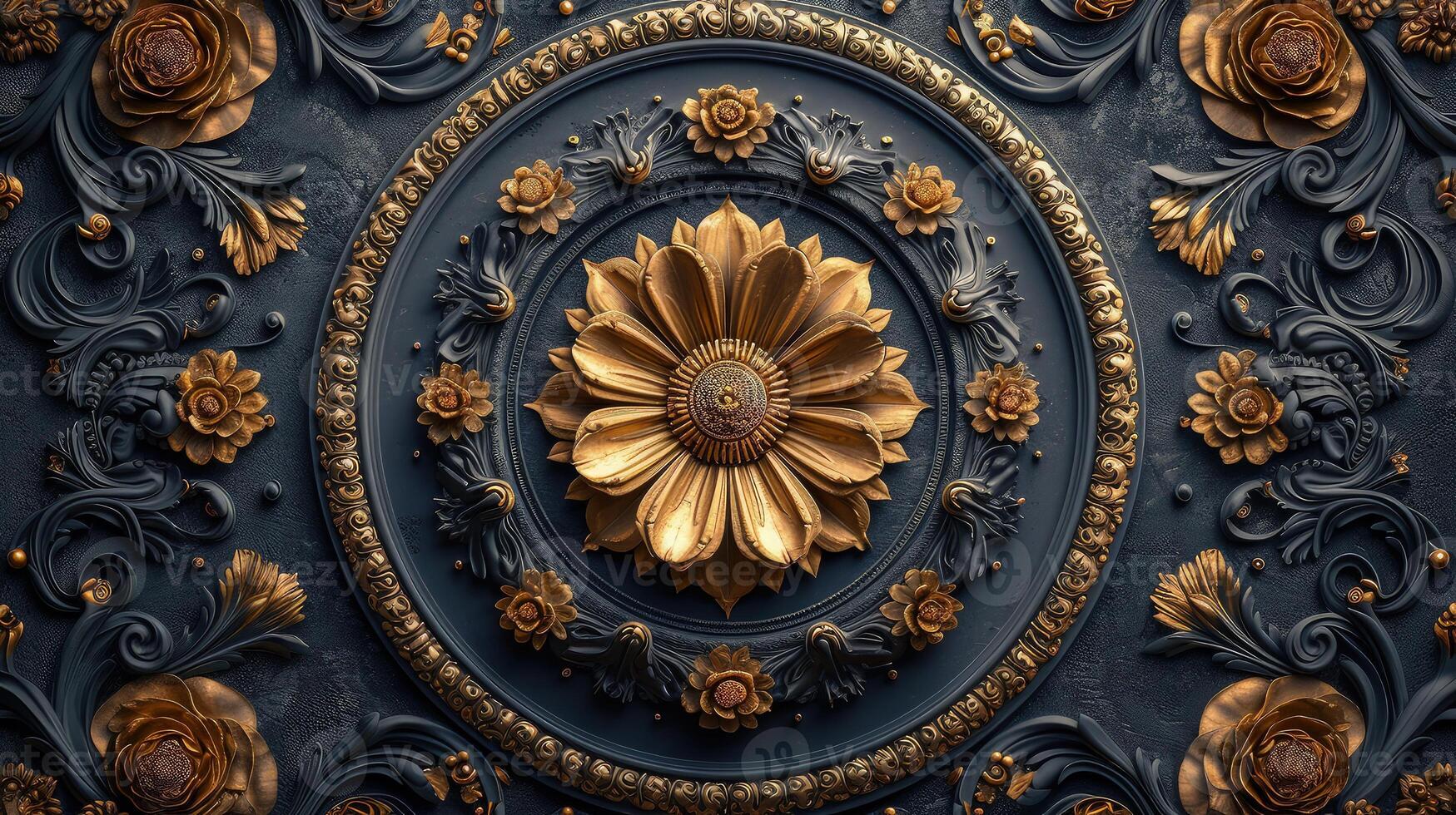 Golden floral design on a dark blue background photo