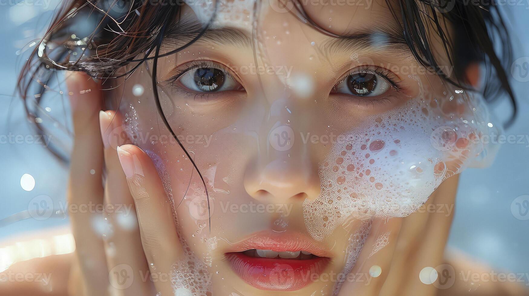 A woman is washing her face with soap photo