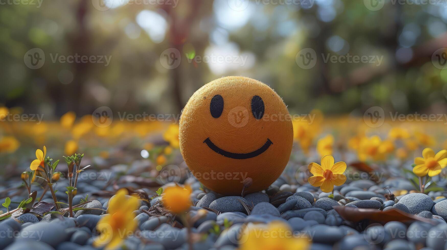 An orange smiley face is sitting on a gravel path photo