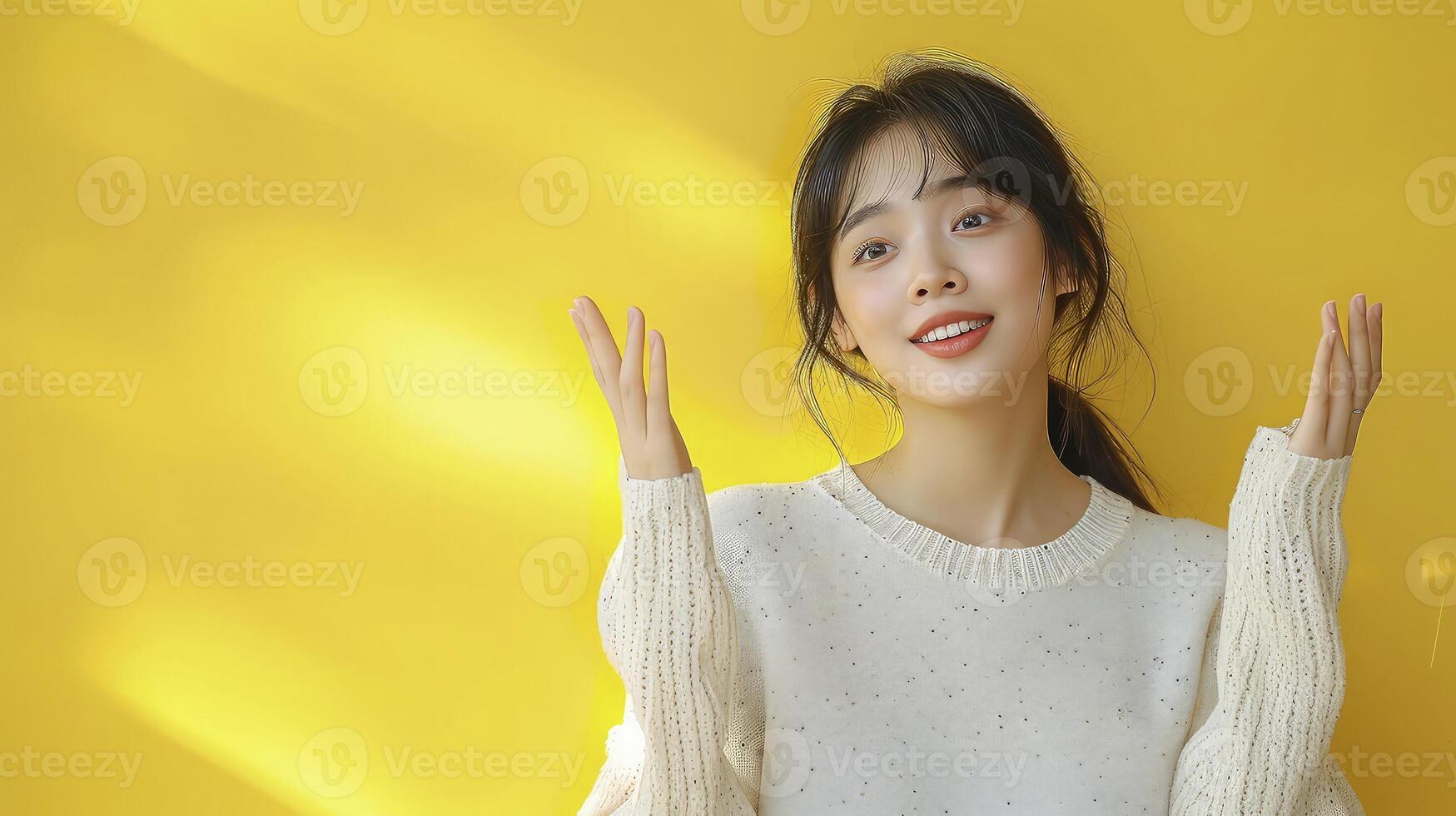 A woman in a sweater is holding her hands up photo
