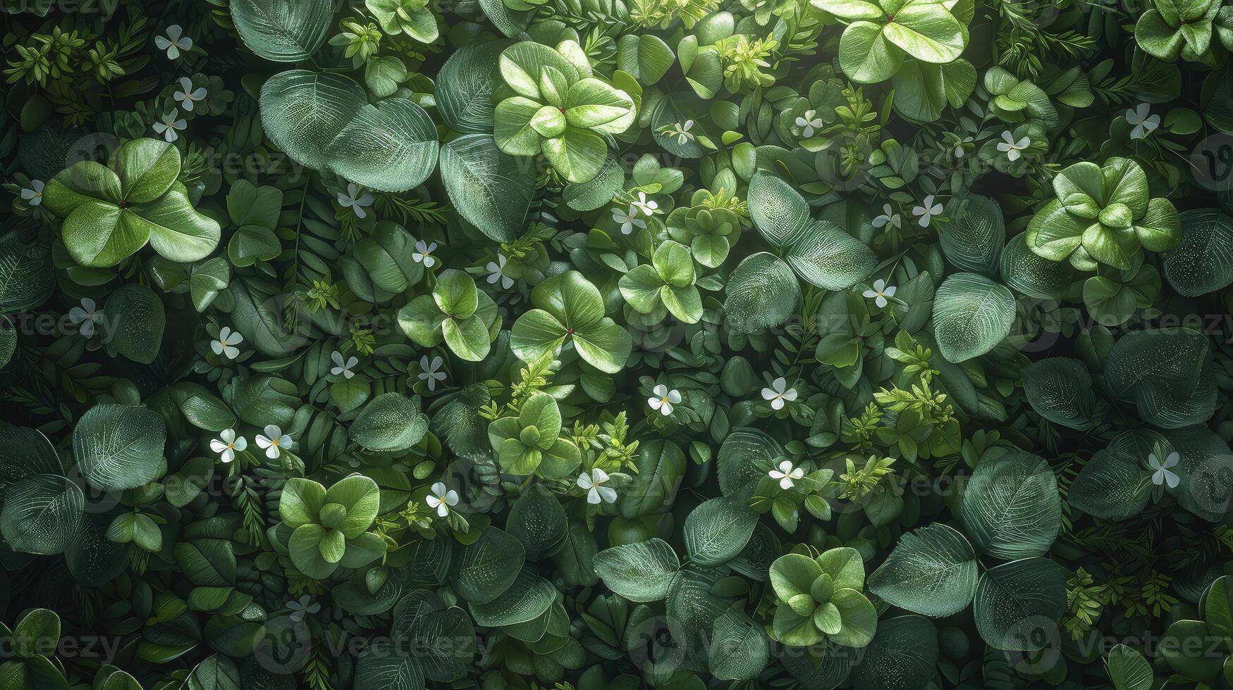 A green wall with flowers and leaves photo