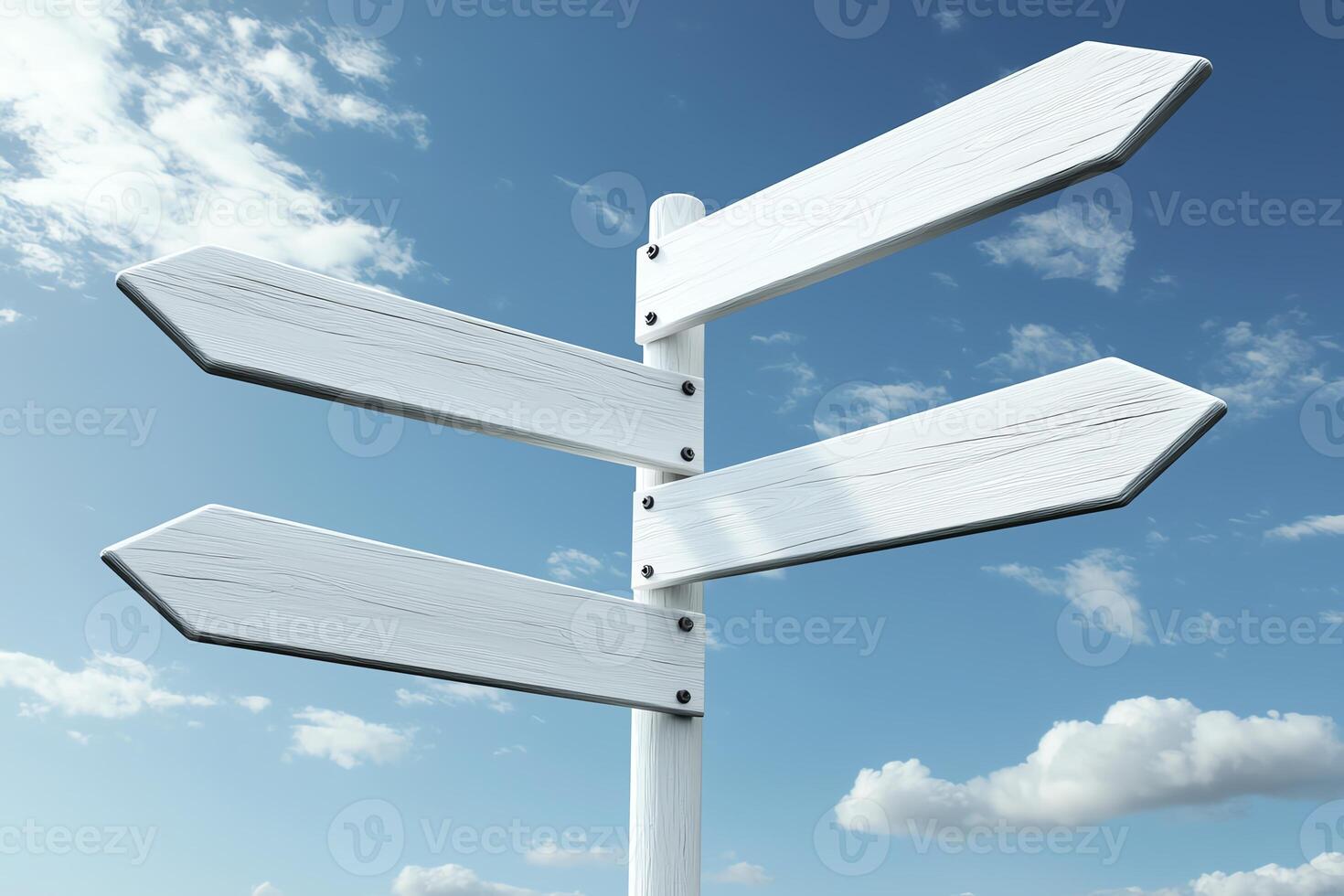 A blank directional signpost under a vibrant blue sky with fluffy clouds, symbolizing choices and direction in travel or life decisions photo