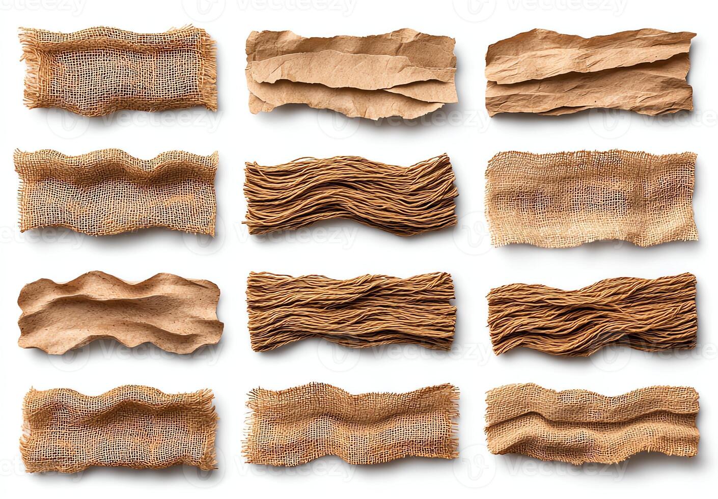 A collection of textured, crumpled brown paper strips showcasing various patterns, arranged on a white isolated background. photo