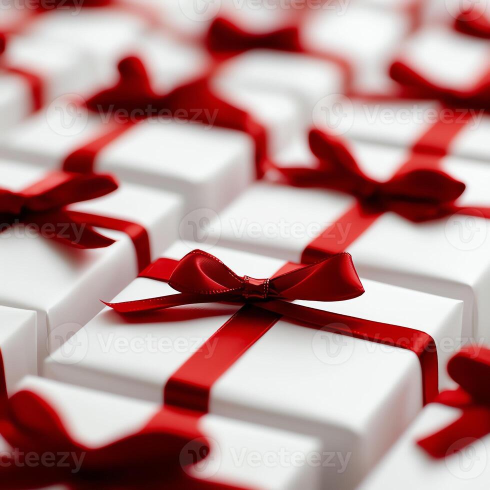 A collection of elegantly wrapped white gift boxes adorned with vibrant red ribbons, creating a festive and celebratory atmosphere perfect for holidays and special occasions. photo