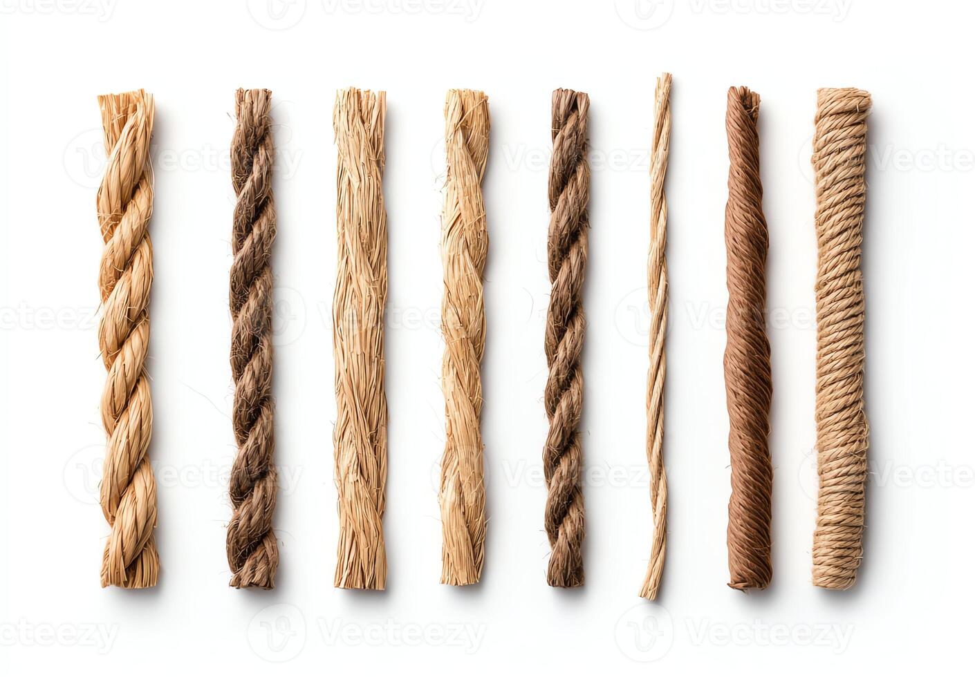 A collection of assorted natural fiber ropes arranged in a row on a white background, showcasing different textures and thicknesses commonly used for various purposes in craft and photo