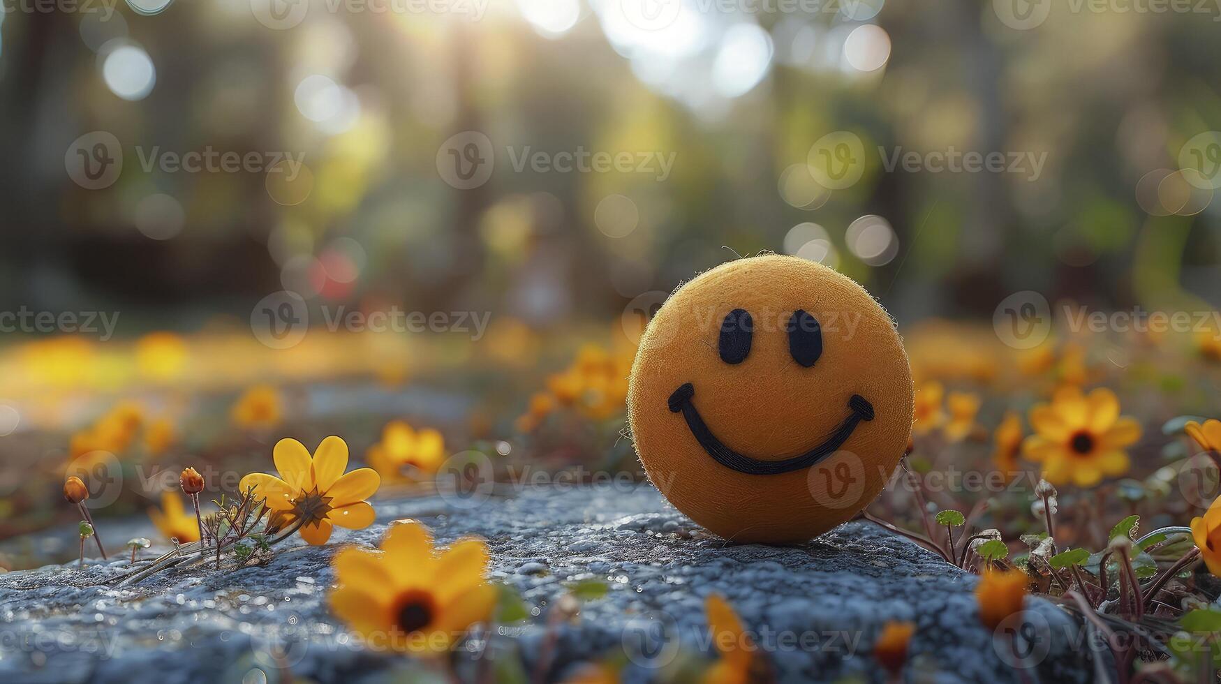 Smiley face on the ground in a field of yellow flowers photo