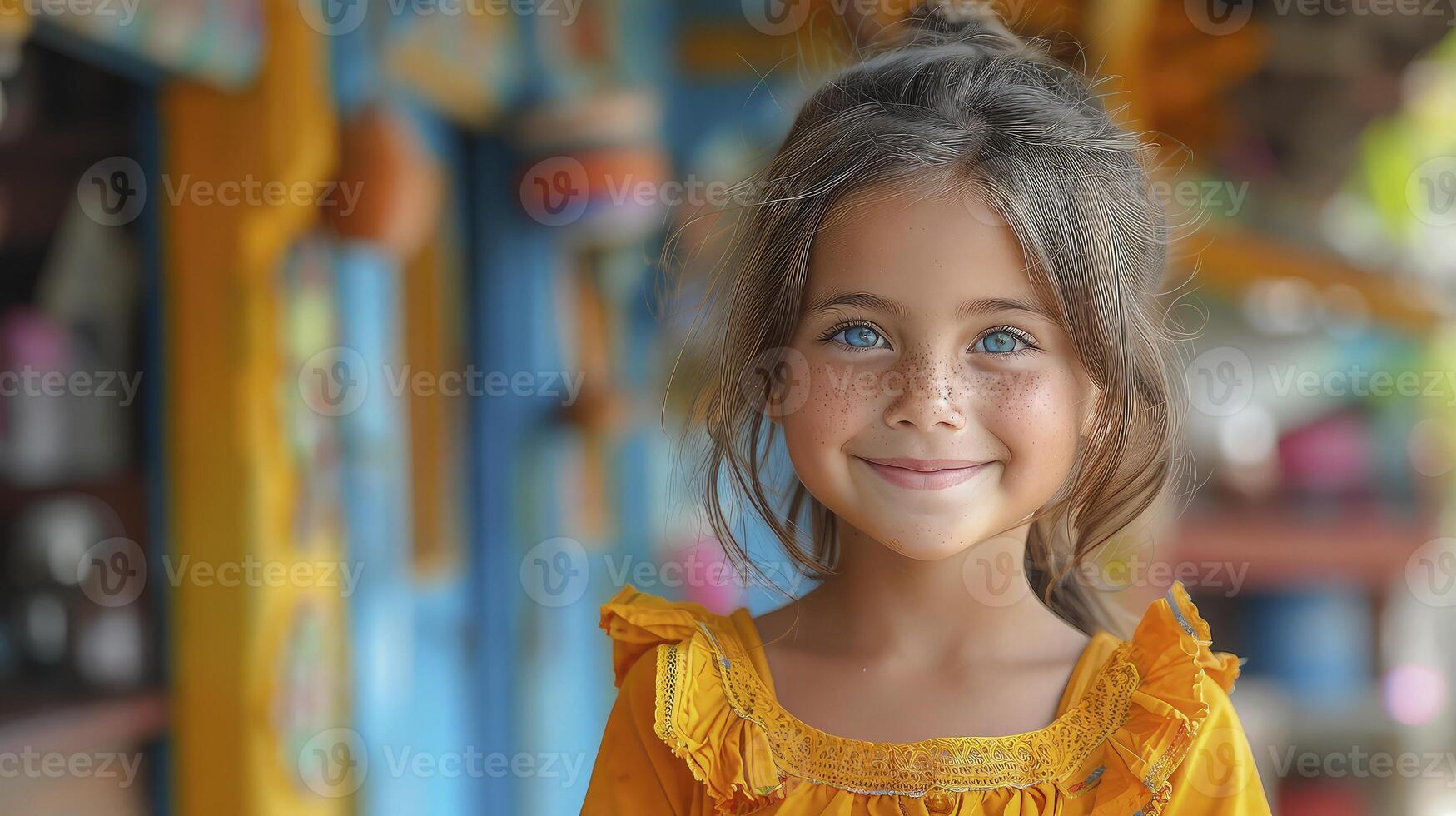 A little girl with blue eyes is smiling photo