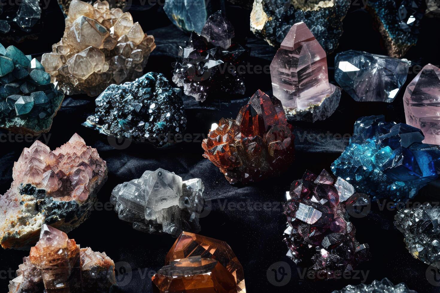 Vibrant Display of Rare Earth Mineral Crystals on Black Velvet for Luxury Design and Decoration photo