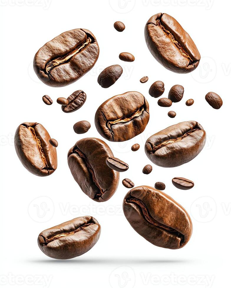 A collection of various roasted coffee beans arranged dynamically, capturing the rich color and texture of each bean against a clean white background. photo
