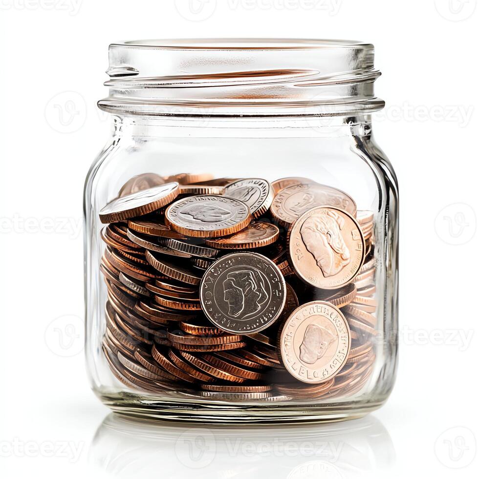 A clear glass jar filled with assorted coins isolated on a white background, representing savings and financial planning. photo