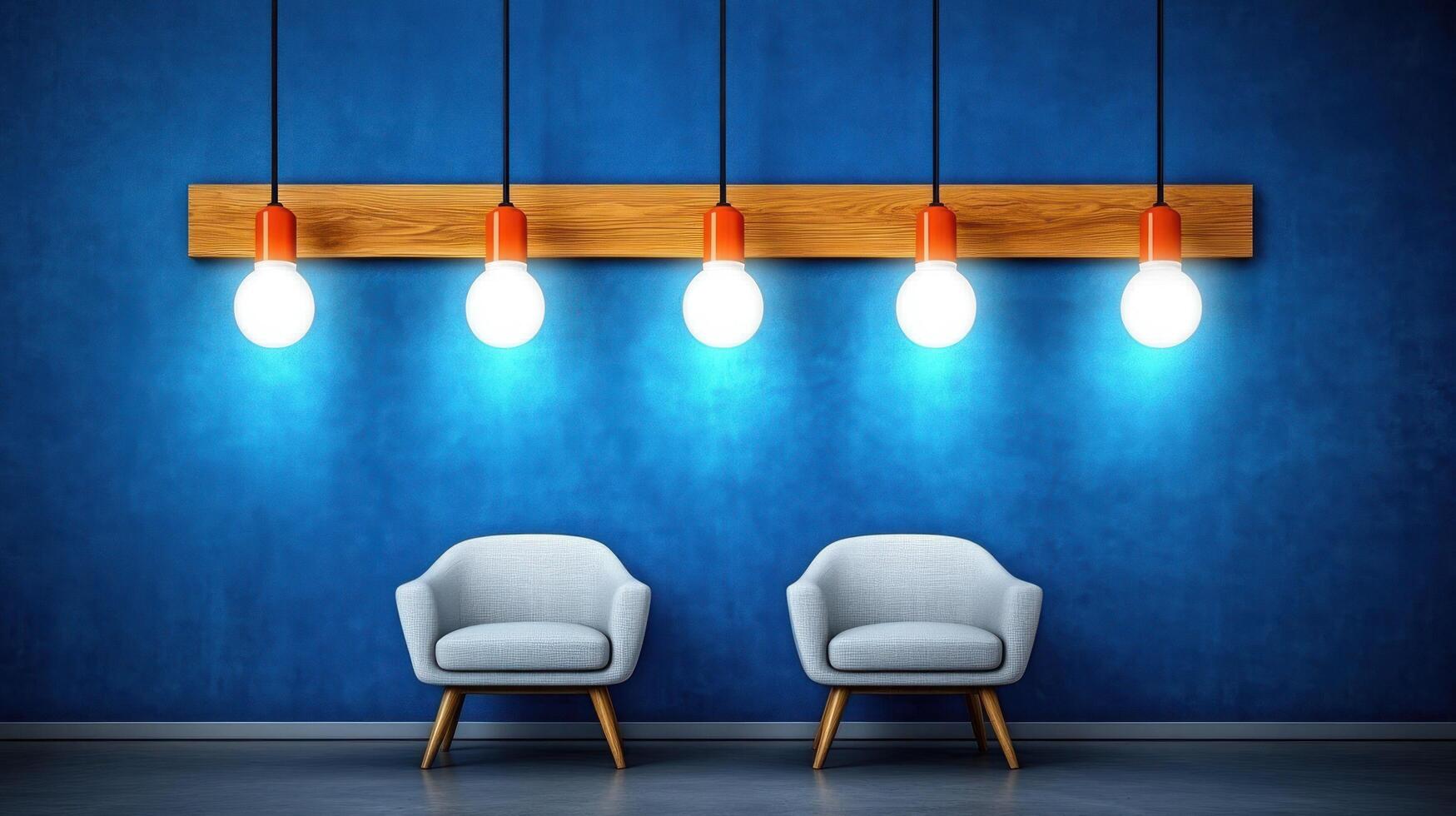Modern Blue Room Decor with Hanging Lights and Armchairs photo
