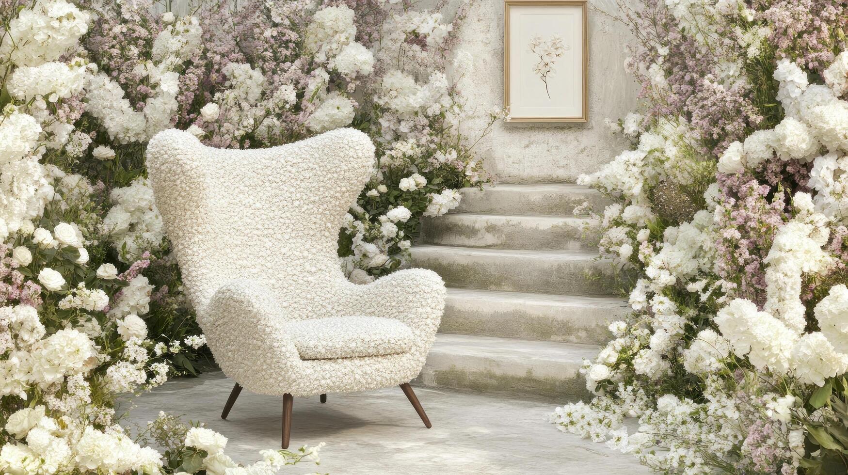 Cozy White Egg Chair in Blooming Garden Setting photo