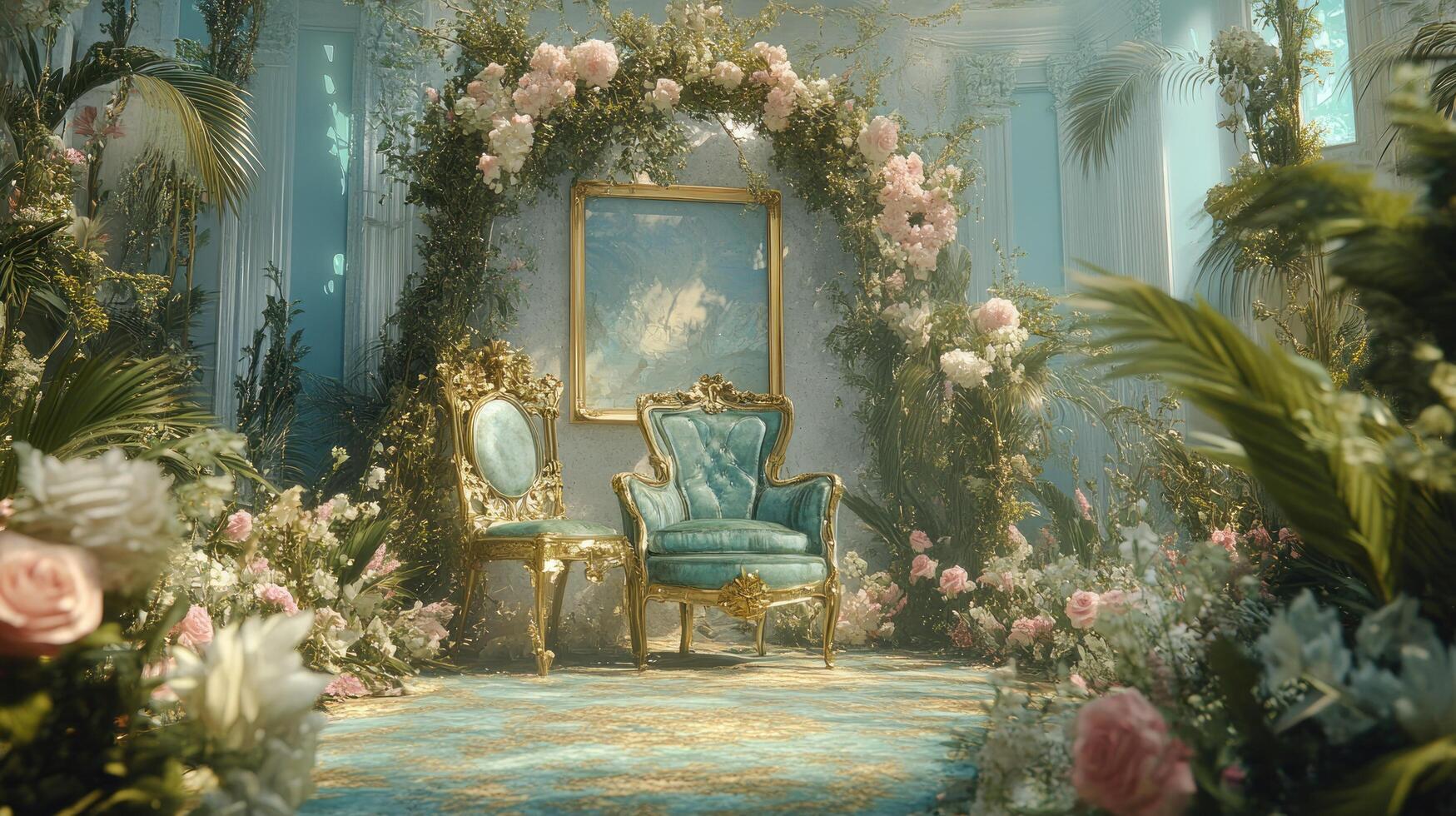 Elegant Floral Arch with Teal Chairs and Gold Accents photo