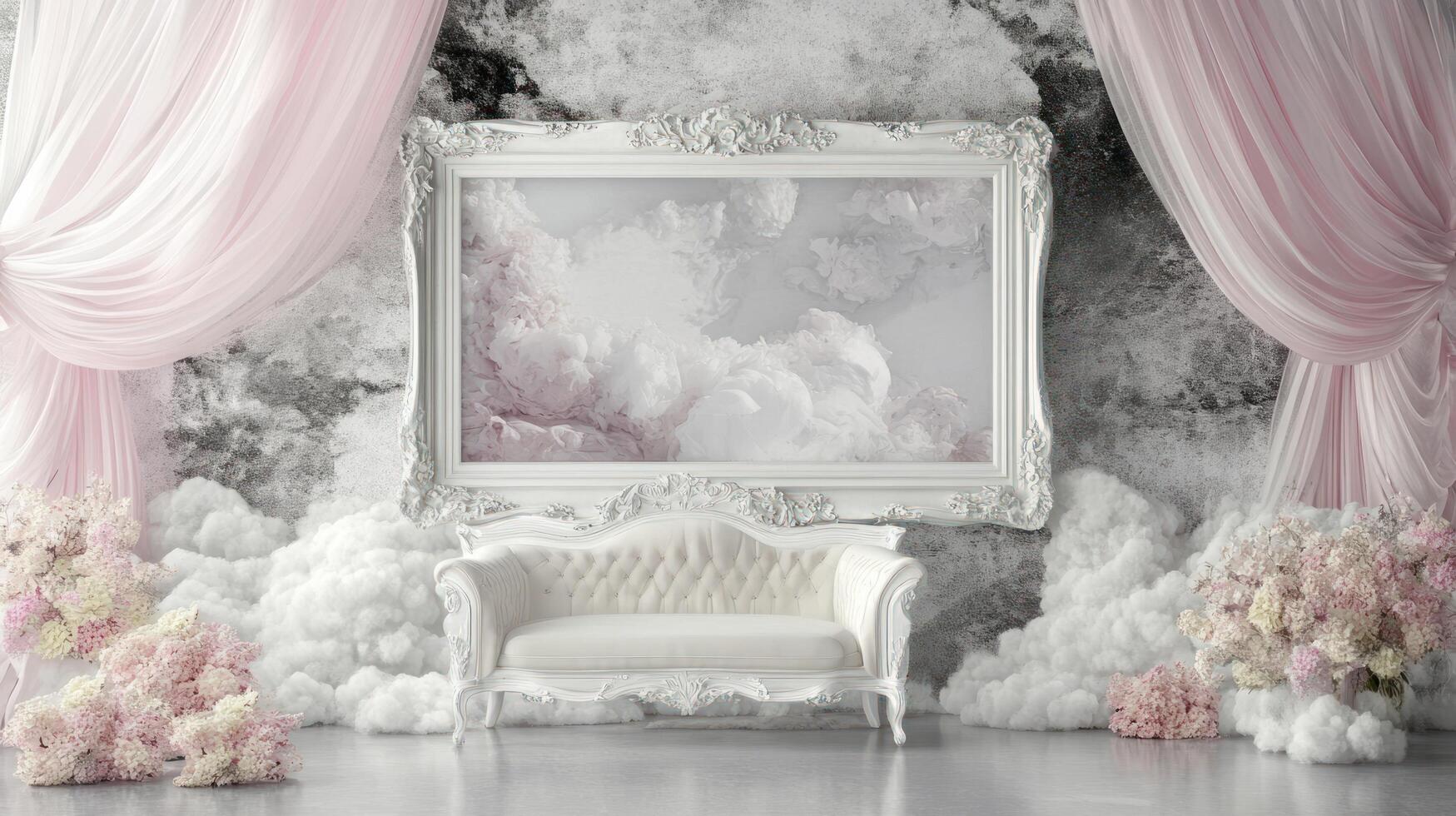 Elegant White Sofa in Romantic Cloud Setting with Ornate Frame photo