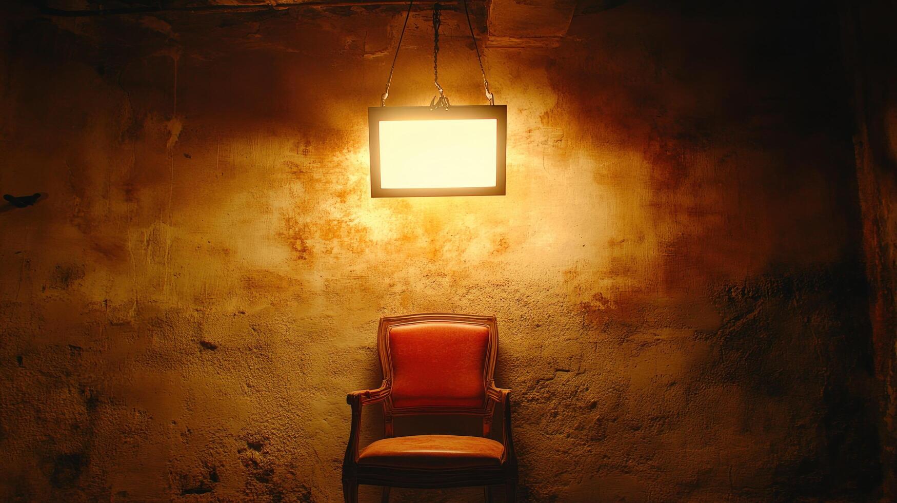 Red Chair in Dark Room with Glowing Lightbox photo