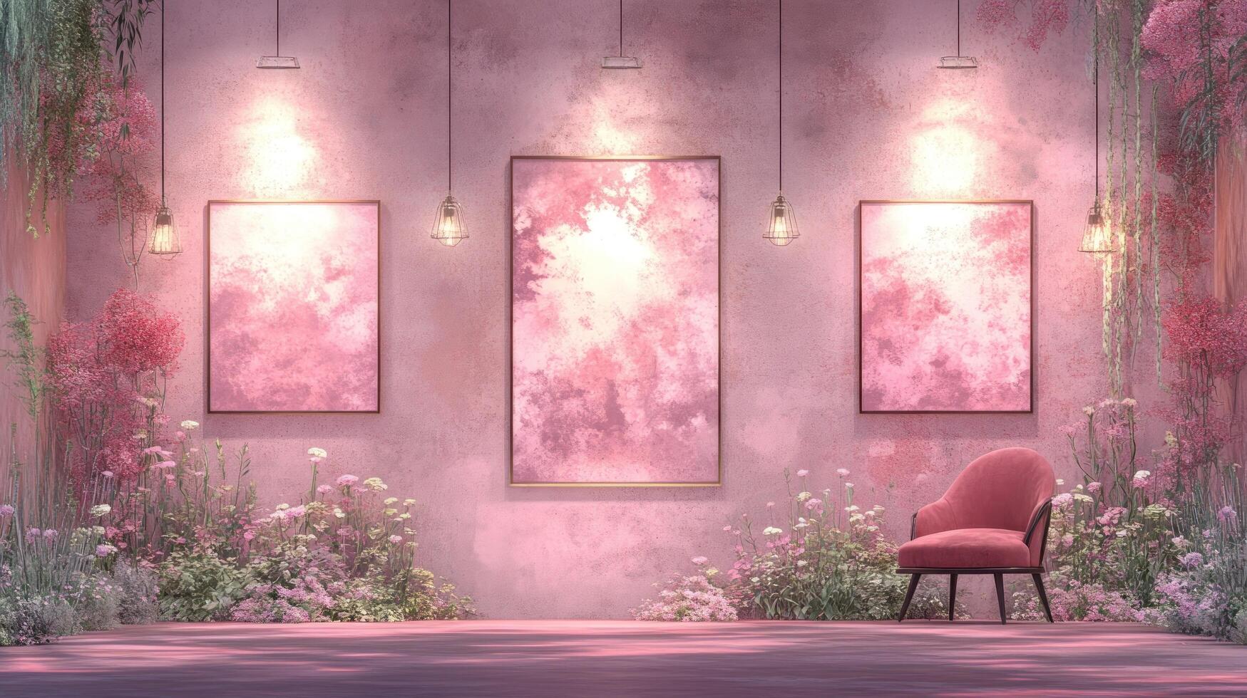 Pink Floral Room Setting with Artwork and Chair photo