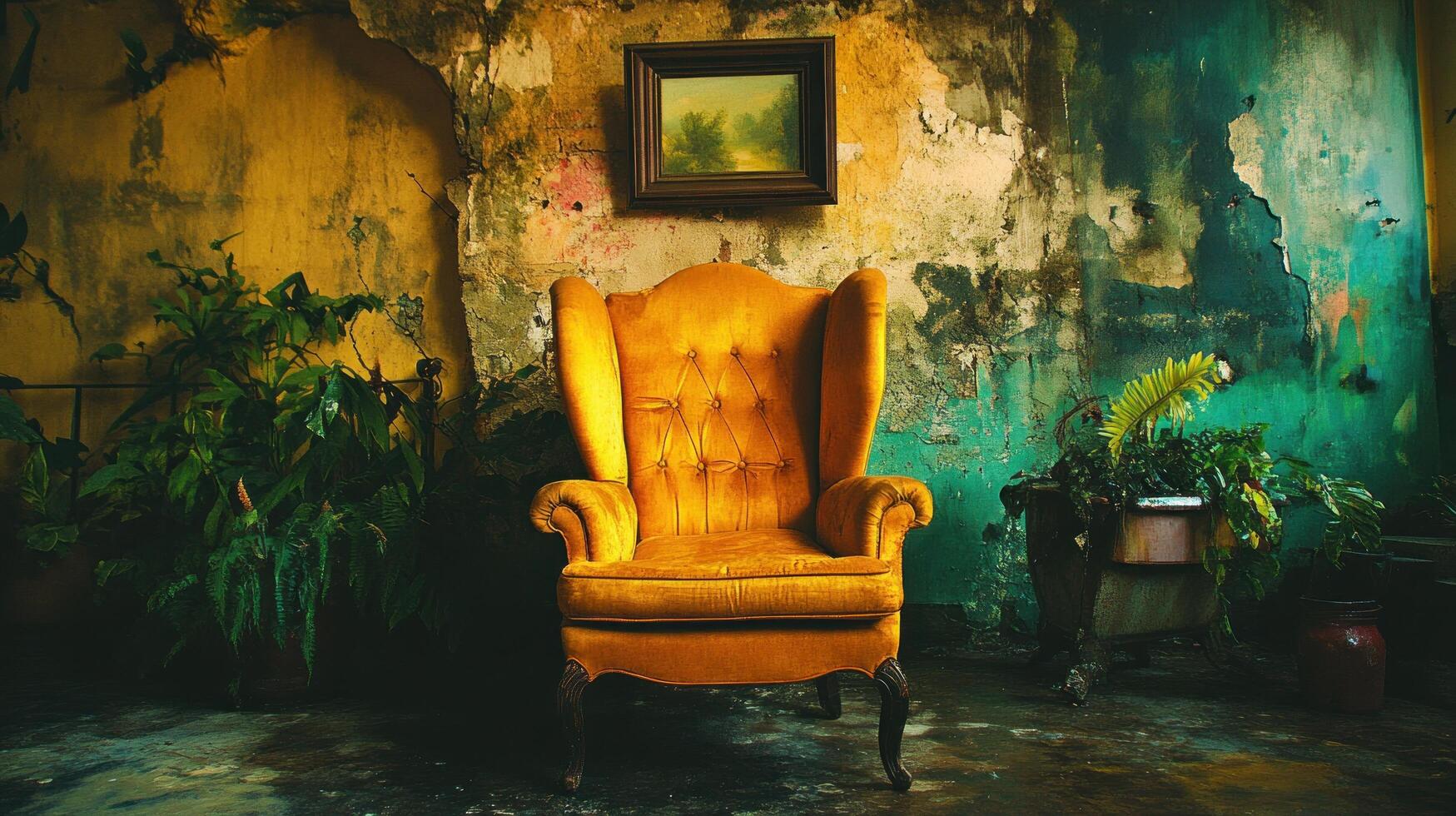 Vintage Yellow Wingback Chair in Rustic Room Interior photo