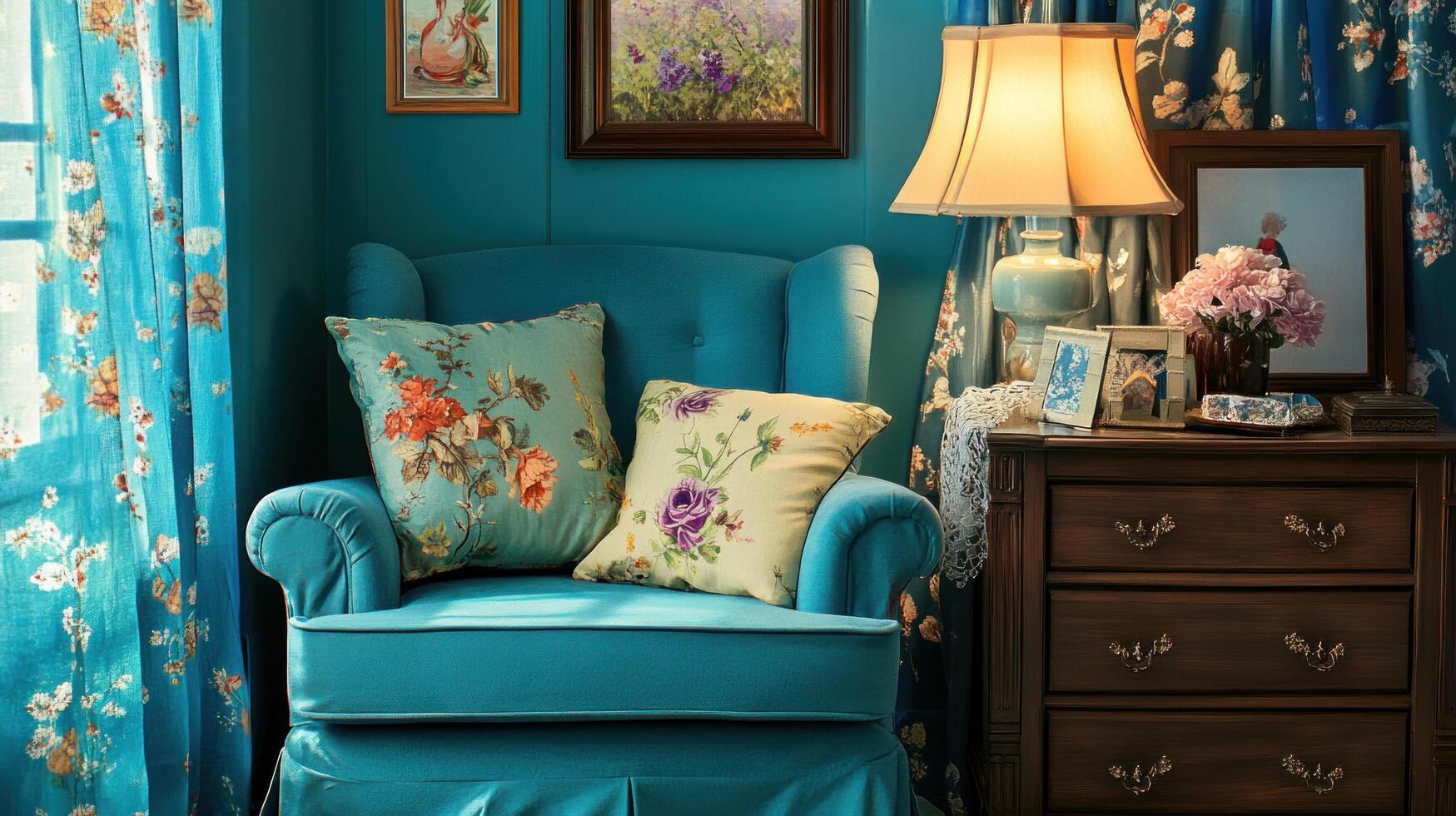 Teal Floral Armchair Interior Design with Table Lamp photo