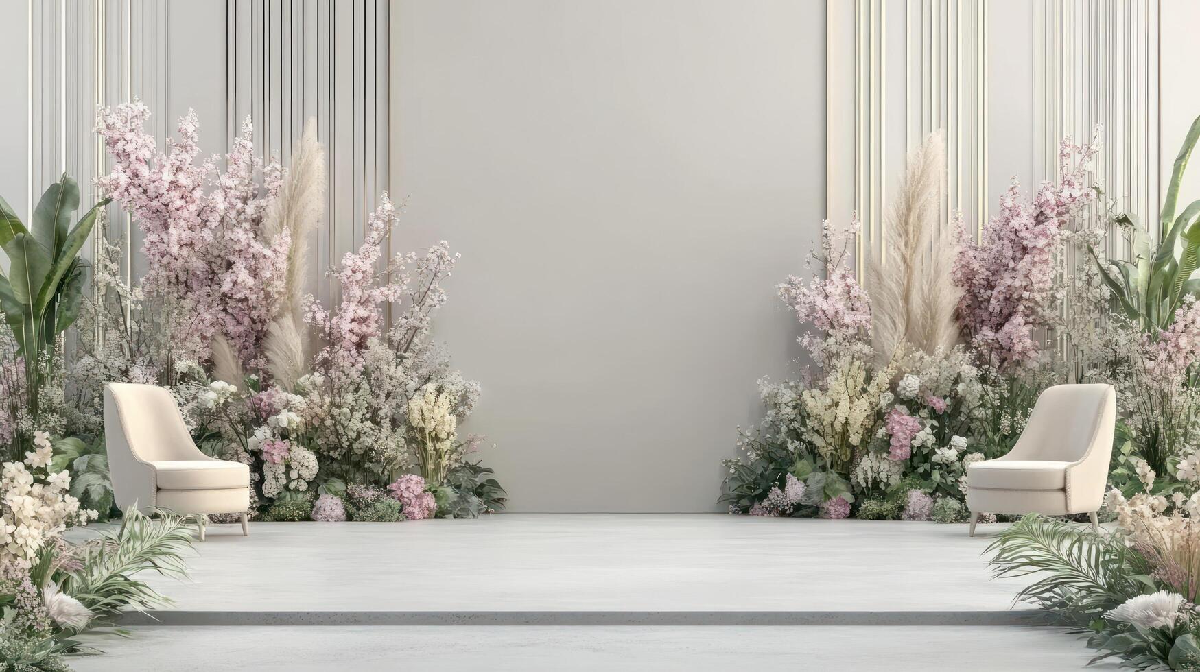 Elegant Floral Wedding Ceremony Setup with Chairs photo