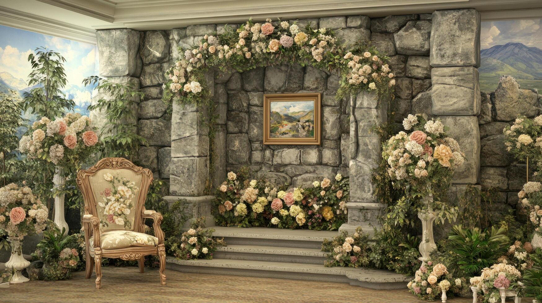 Romantic Floral Arch Wedding Ceremony Setup Stone Wall photo
