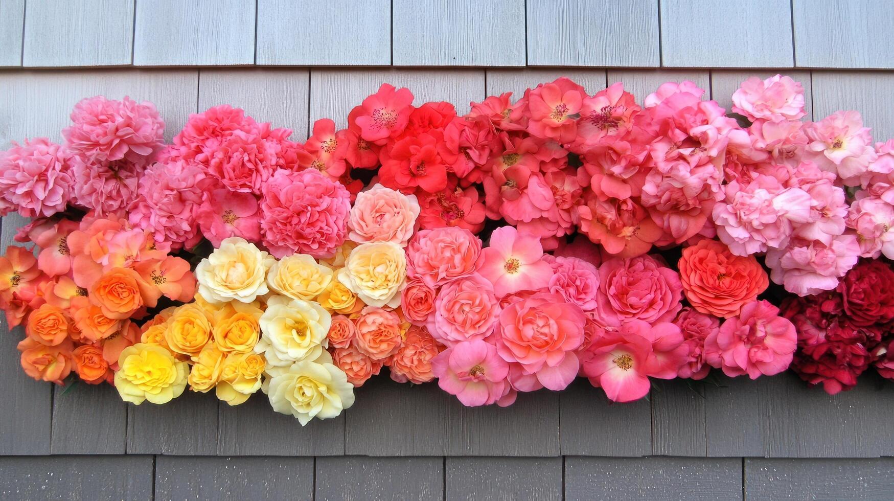 Vibrant Ombre Rose Flower Arrangement on Gray Siding photo