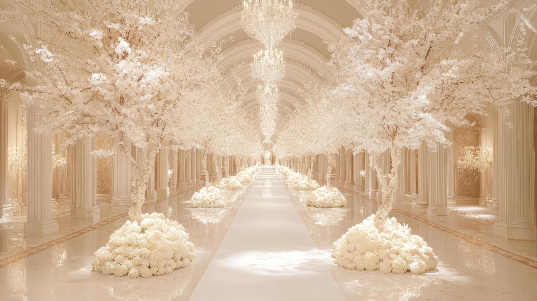 Elegant White Wedding Aisle with Flower Trees photo
