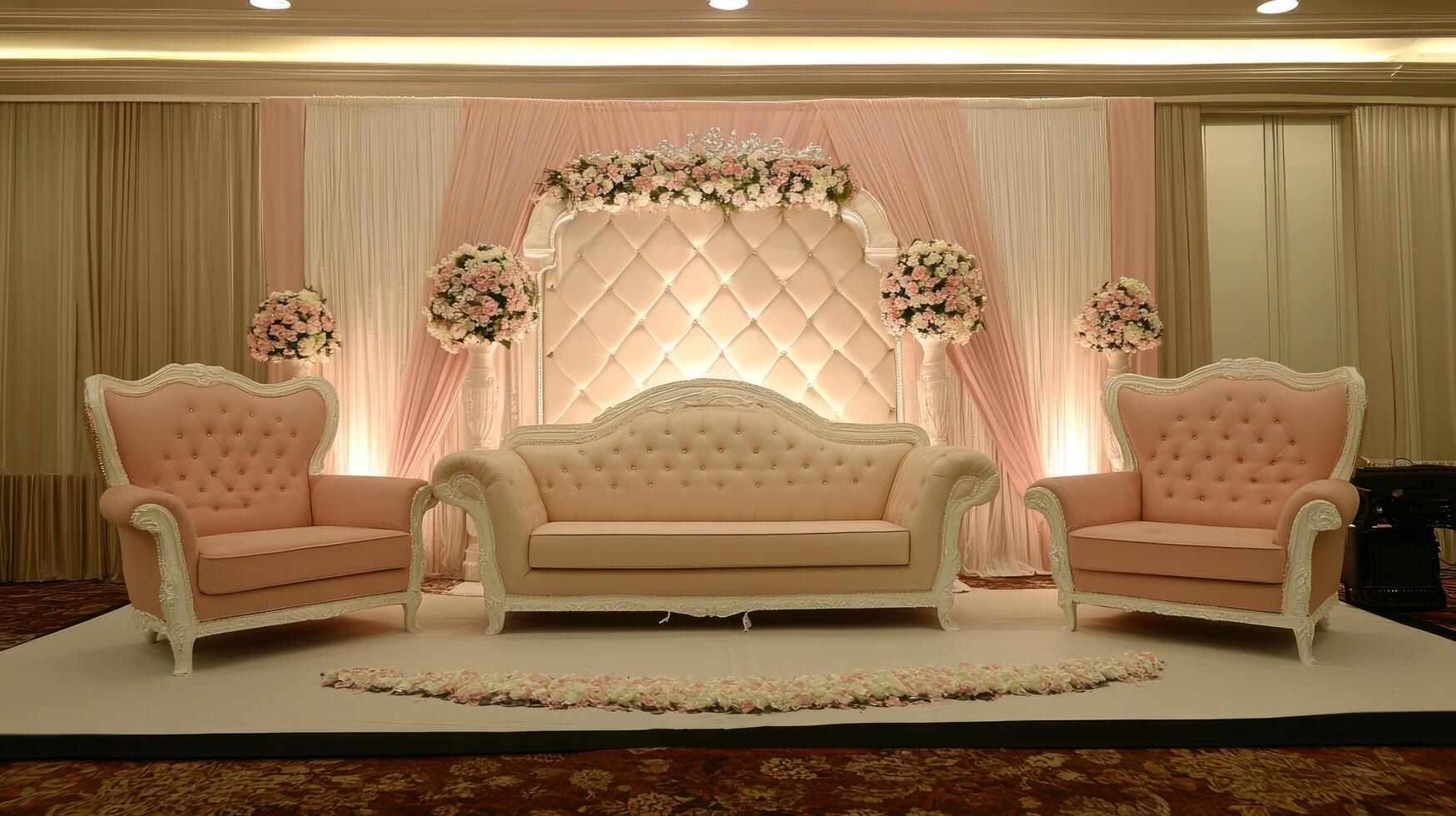 Elegant Wedding Sofa Setup with Pink Accents and Floral Decor photo