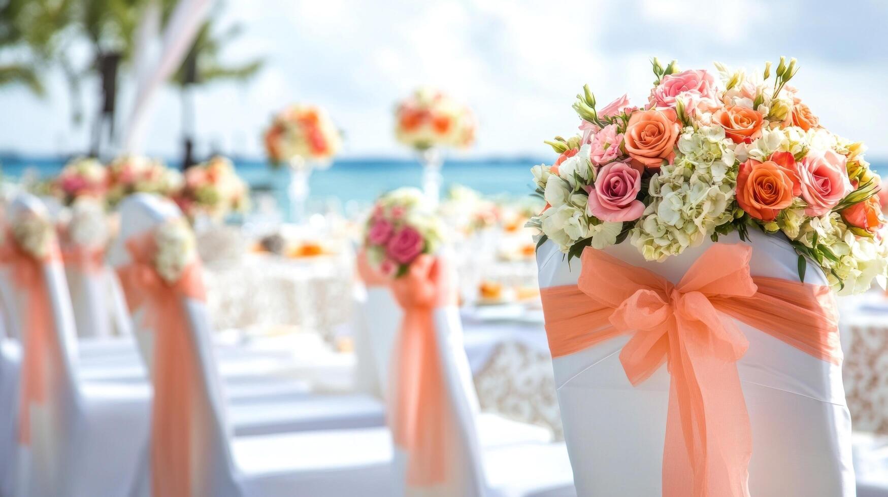 Beach Wedding Chair Decor Peach Rose Floral Arrangements photo