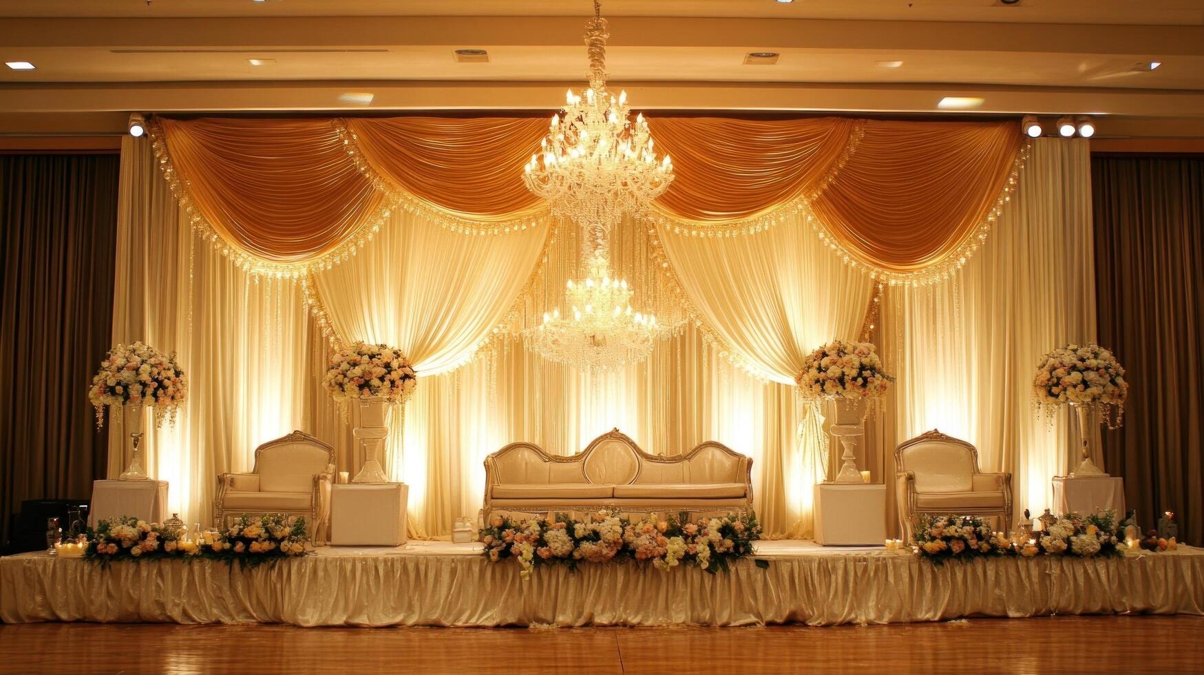 Elegant Wedding Stage Decor with Drapes and Chandeliers photo