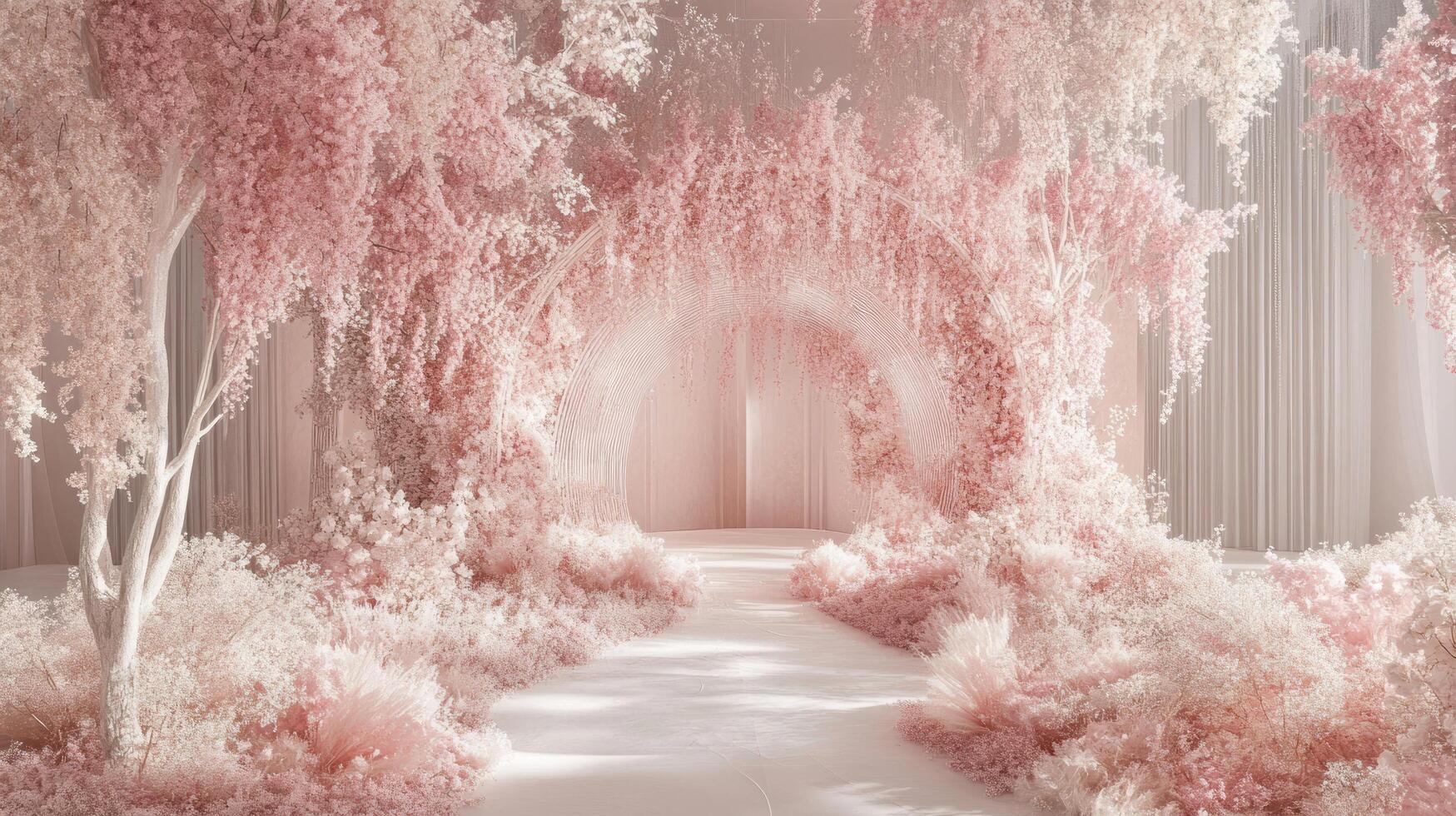 Dreamy Pink Flower Wedding Arch Pathway photo