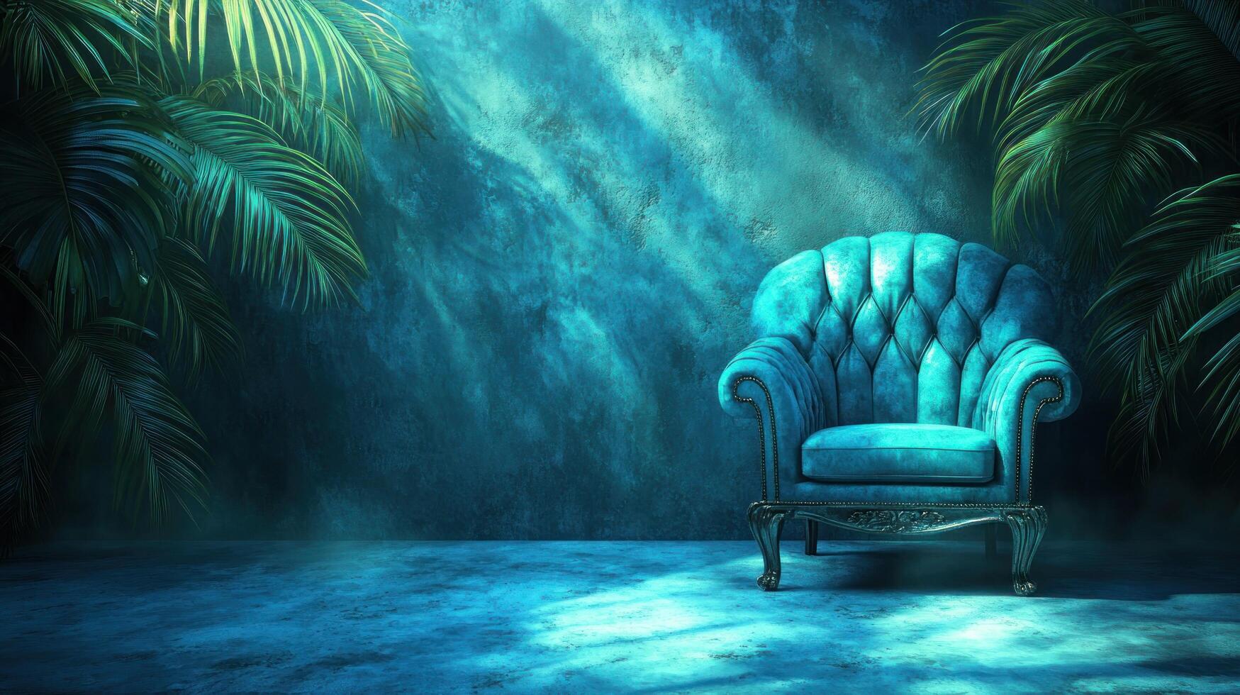 Teal Velvet Armchair in Tropical Setting Dramatic Digital Art photo