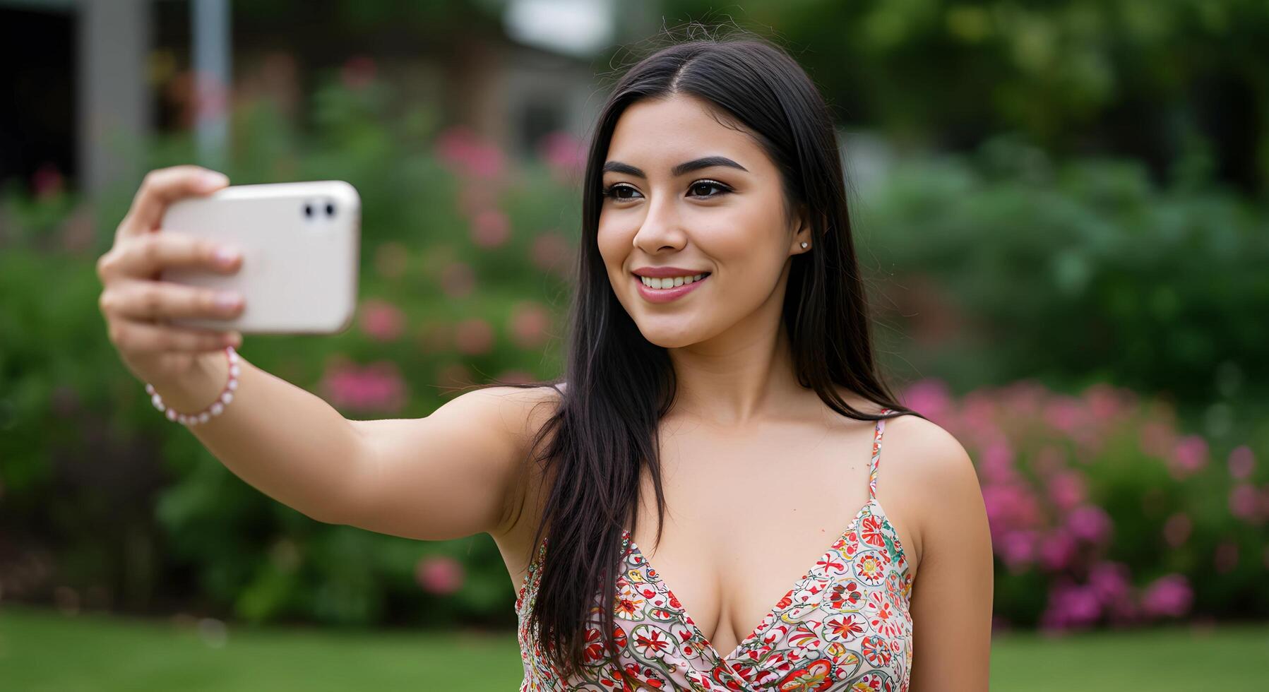 Modern influencer capturing a selfie, highlighting beauty and confidence, ideal for online branding and promotions. photo