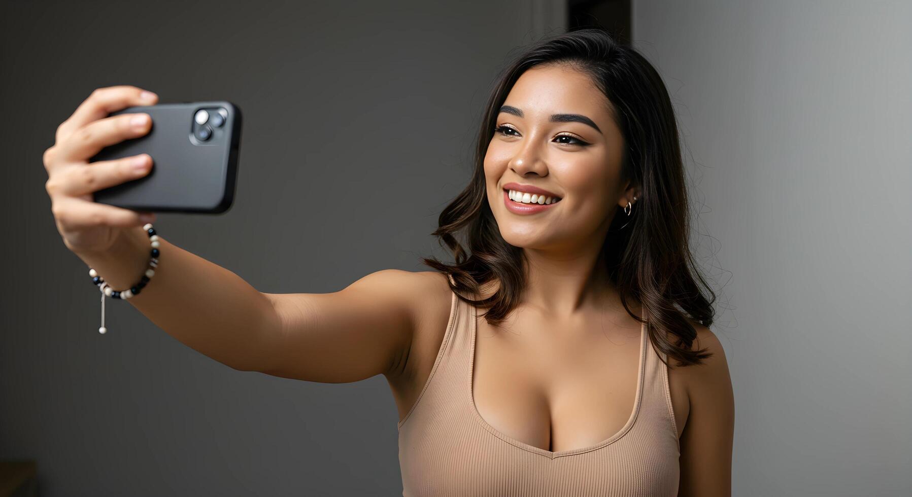 Cute and stylish girl capturing a selfie, smiling at the camera, perfect for social media and lifestyle promotions. photo